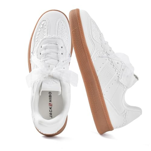 JACKSHIBO Women's Ribbon Lace-Up Fashion Sneakers Classic Retro Gum Sole Non Slip Tennis Walking Shoes Arch Support Orthopedic Leather Low Top Cute Lace Casual Skate Shoes White Size 7.5 | Amazon (US)