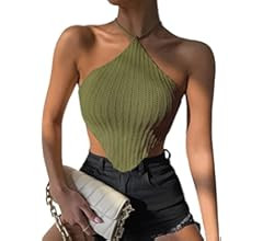 WDIRARA Women's Crisscross Tie Back Knit Crop Halter Top Asymmetrical Bandana Tops | Amazon (US)