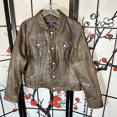 Vintage GAP Distressed Leather Trucker Jacket Womens M Brown Patina Button 90s  | eBay | eBay US