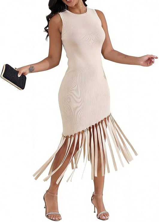 Ryehack Women’s Sexy Bodycon Midi Dress Elegant Sleeveless Asymmetrical Fringe Cocktail Prom Pa... | Amazon (US)