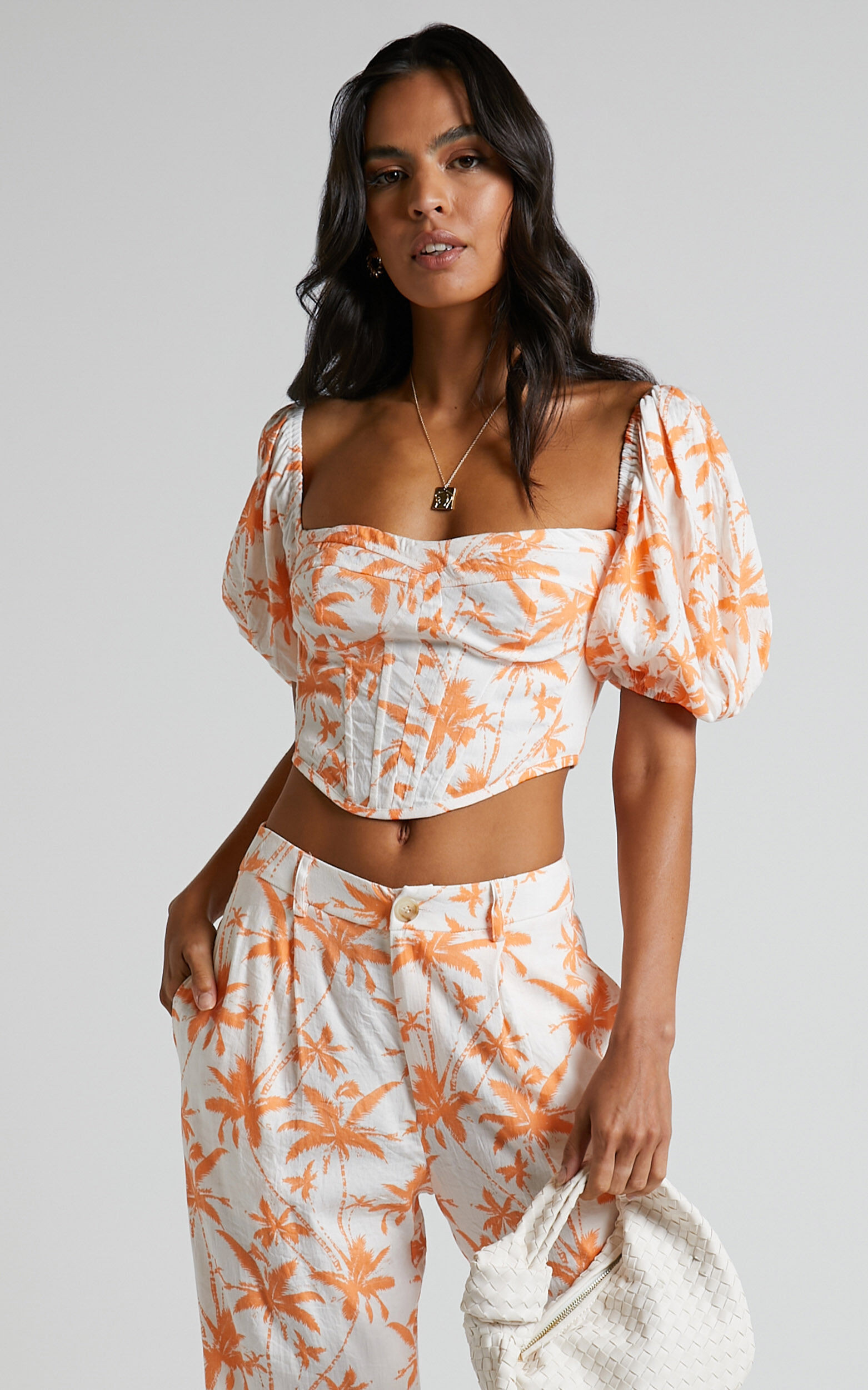 Fayella Top - Puff Sleeve Corset Bodice Top in Orange Palm | Showpo (US, UK & Europe)