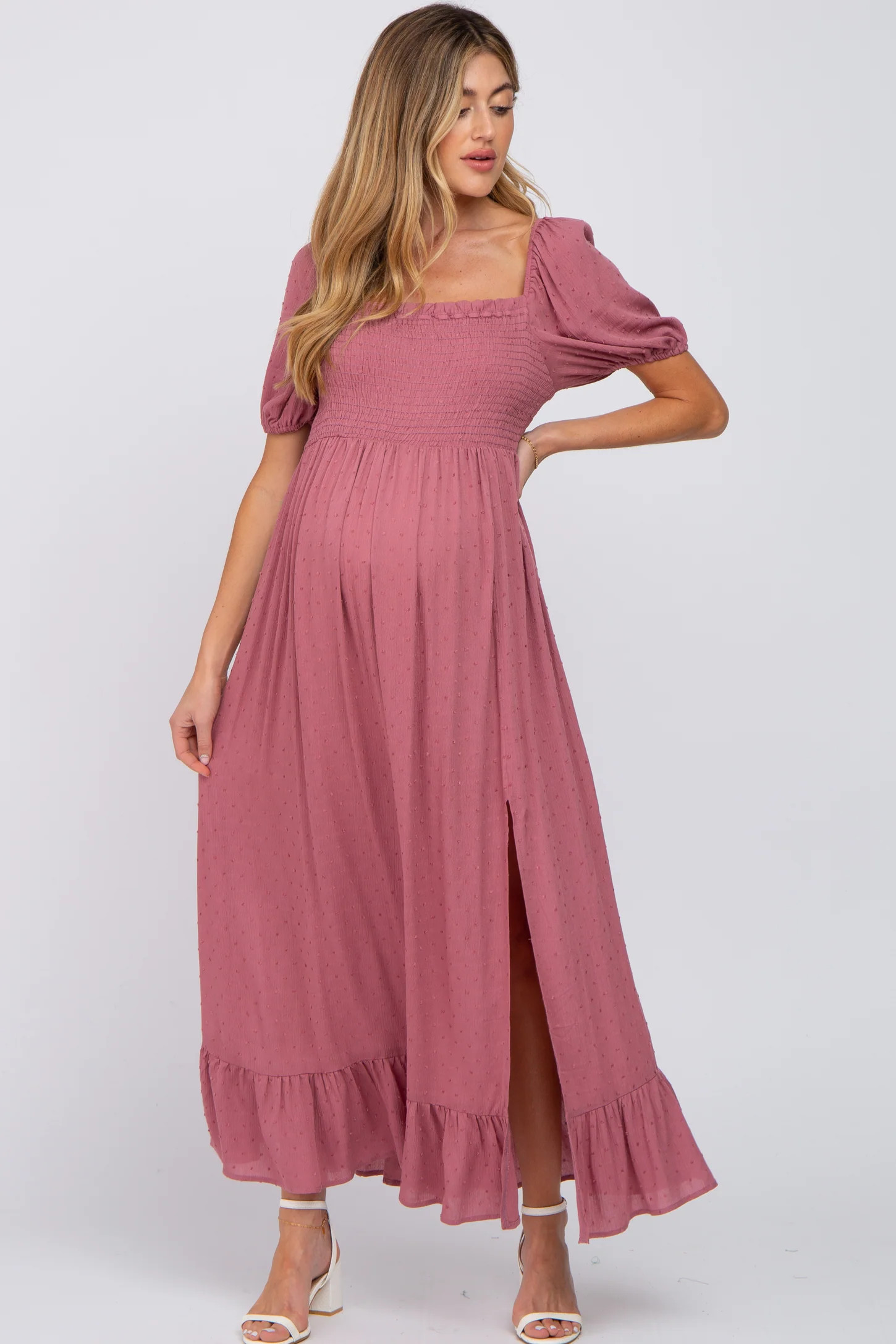 Mauve Swiss Dot Square Neck Smocked Maternity Maxi Dress | PinkBlush Maternity