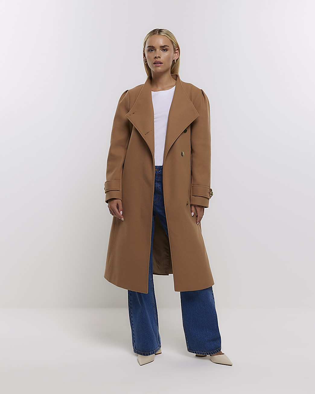 Petite brown belted wrap coat | River Island (UK & IE)
