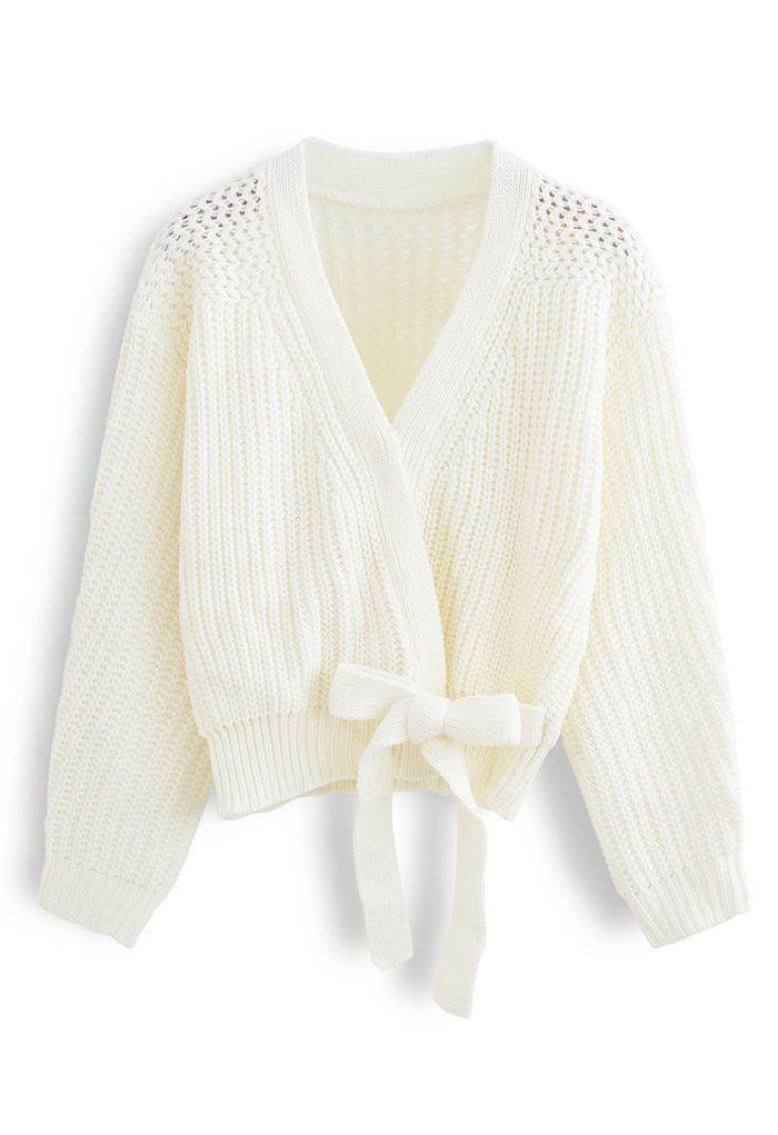Wrap Bowknot Chunky Knit Sweater in White | Chicwish