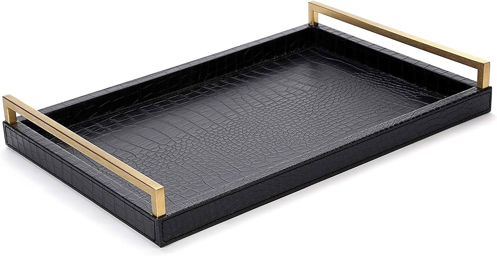 17.8X 11.8 Leather Ottoman Tray, Big Serving Tray with Brushed Gold Handles for Bars, Parties, Di... | Amazon (US)