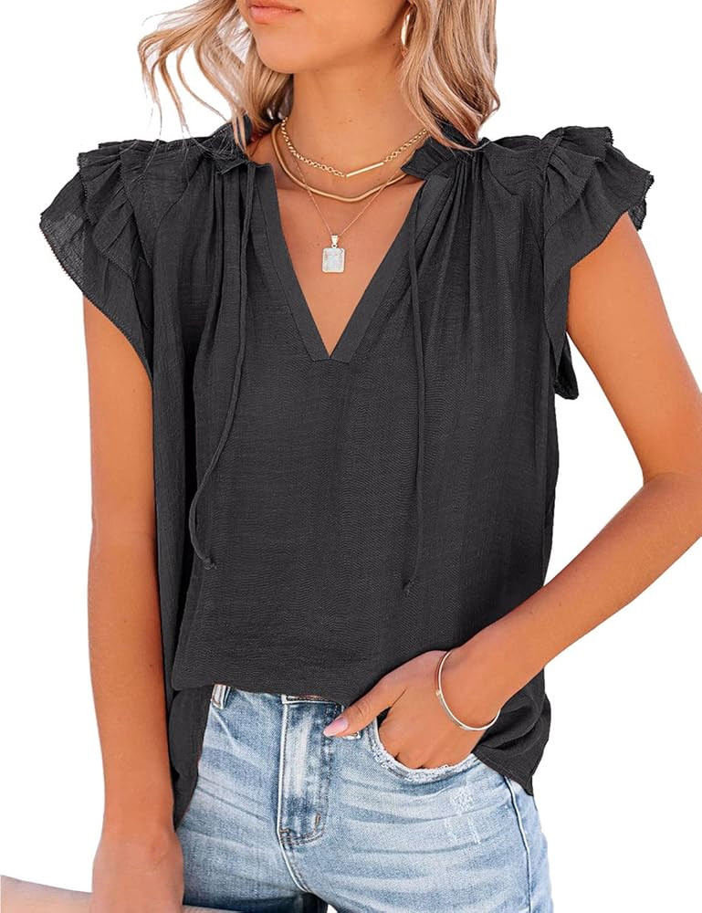 LookbookStore Women's Casual V Neck Tops Ruffle Flutter Shirt Cap Sleeve Blouse | Amazon (US)