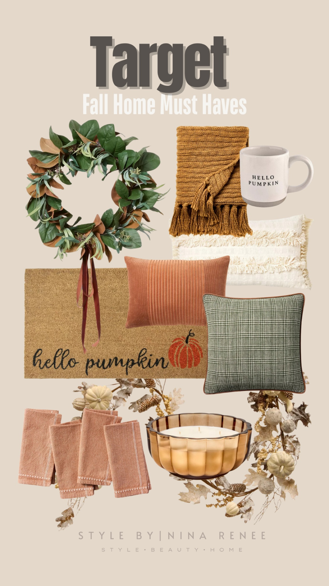 Target Fall home must haves 

Wreath, home decor, throw blanket, seasonal mug, welcome mat, throw pillows, candle, kitchen towels, garland 

#LTKSeasonal #LTKHome
