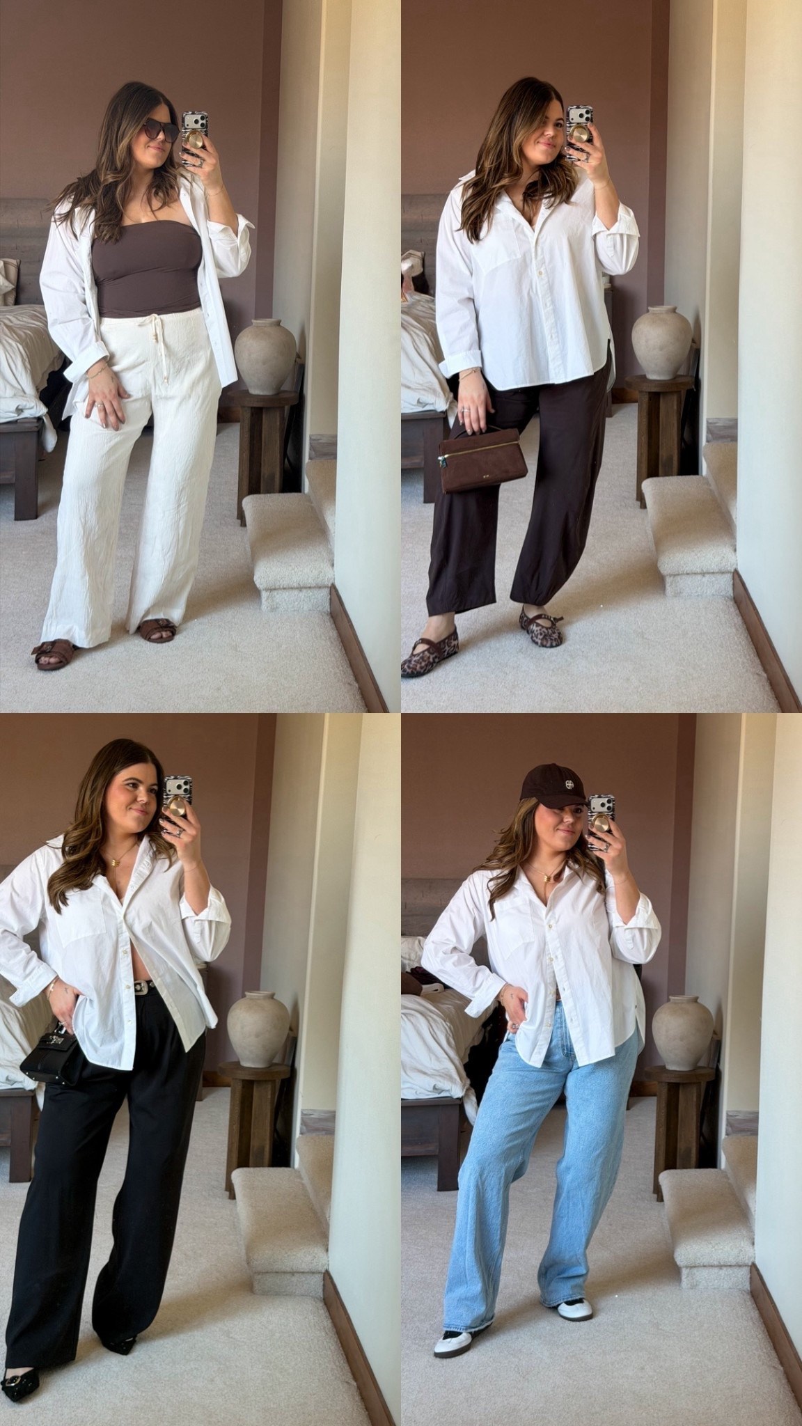 White Poplin button down shirt styled four ways for spring

Casual, date night, vacation, work
Tagging lots of choices! This is from Walmart size xl