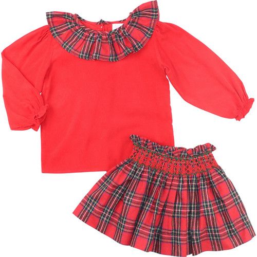 Red And Green Smocked Flannel Plaid Skirt Set | Cecil and Lou