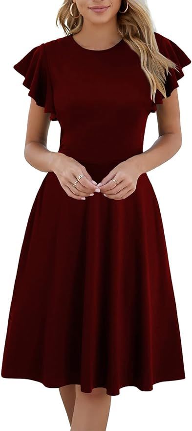 HELYO Women's Semi-Formal Ruffle Sleeves V-Back Work Fit and Flare Cocktail Wedding Guest Dress w... | Amazon (US)
