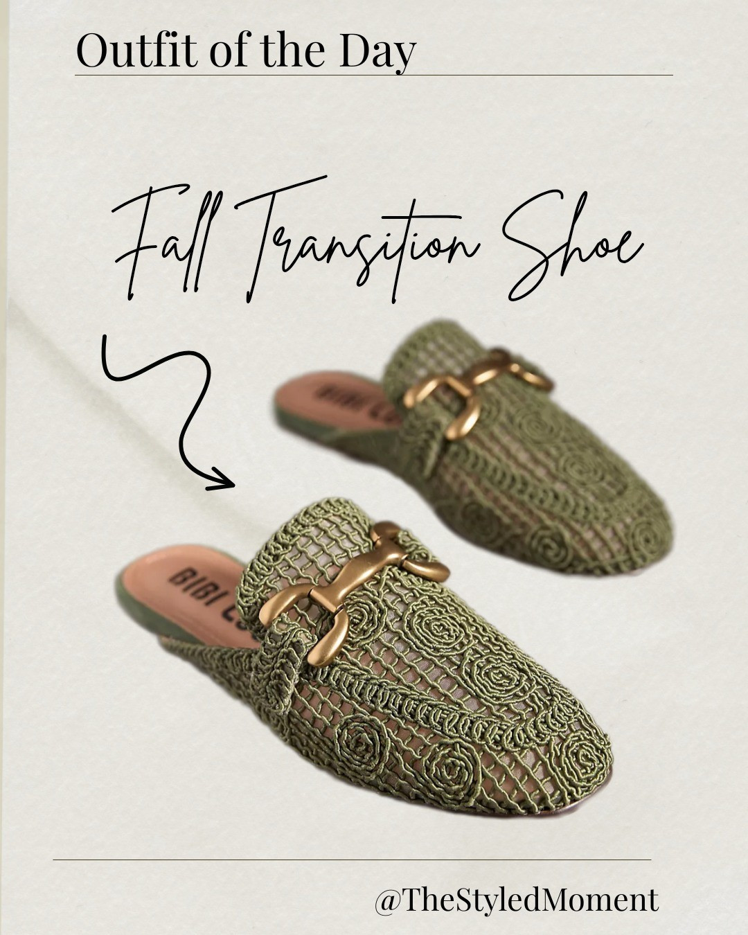 Fall Transition shoesOlive green crochet mules with oversized brushed gold horsebit Perfect with jeans or fall workwear 

#LTKOver40 #LTKShoeCrush #LTKSeasonal