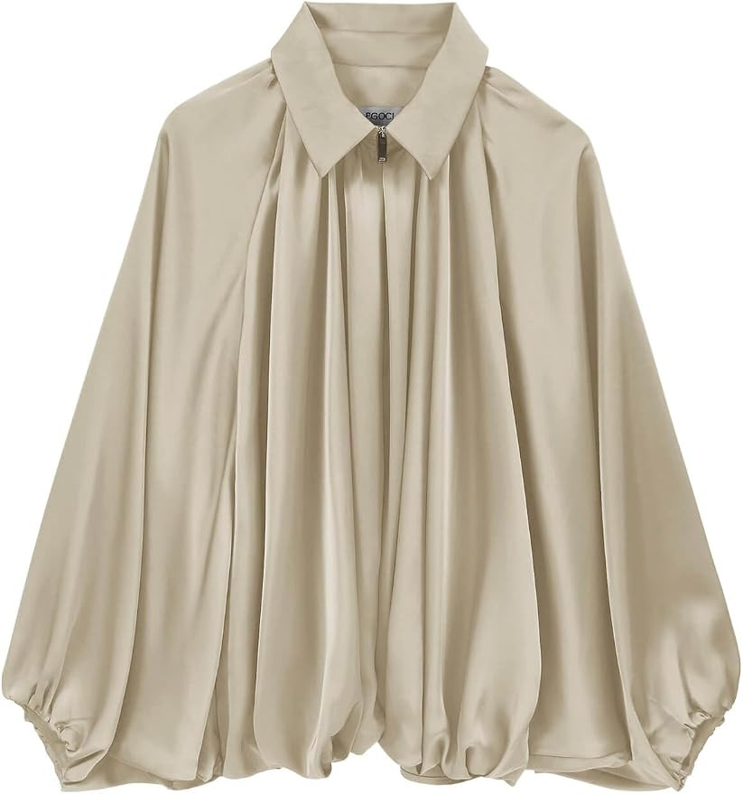 Womens Satin Puffed Bomber Jacket Oversized Batwing Sleeve Pleated Jackets | Amazon (US)