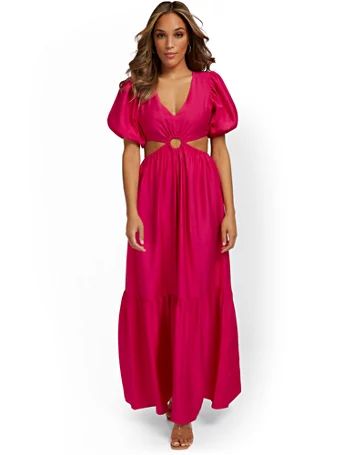 NY & Co Women's O-Ring Cut-Out Maxi Dress - Flying Tomato Pink Size Medium Nylon/Polyester/Rayon | New York & Company