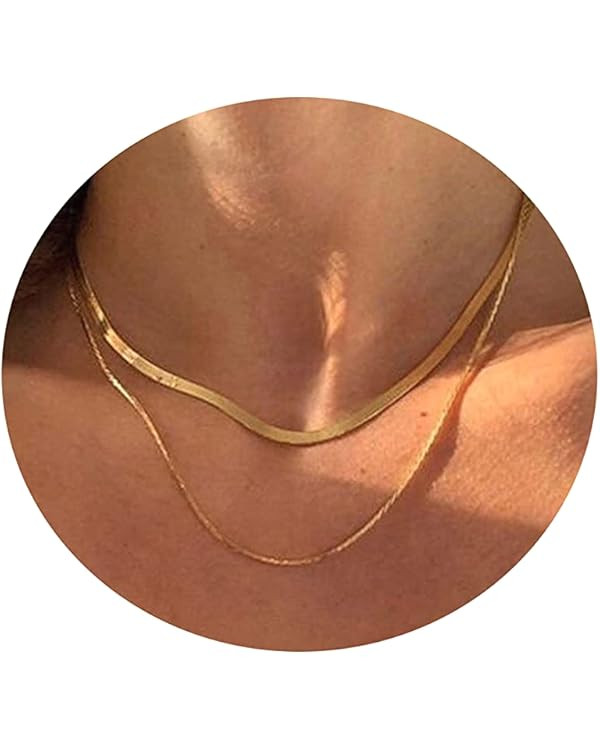 Tasiso 14K Gold Plated Herringbone Choker Necklaces Double Layered Snake Chain Necklace Trible La... | Amazon (CA)
