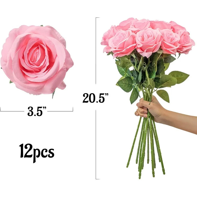 Mocoosy 12PCS Pink Roses Artificial Flowers for Decoration, Pink Fake Silk Roses Single Stem Flow... | Walmart (US)