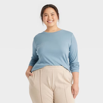 Women's Slim Fit Long Sleeve Ribbed T-Shirt - A New Day™ Light Blue 1X | Target