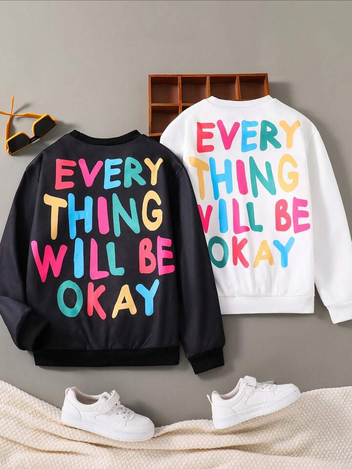 2pcs Tween Girl Letter Printed Casual Sweatshirt And Black And White Back Set, Autumn | SHEIN