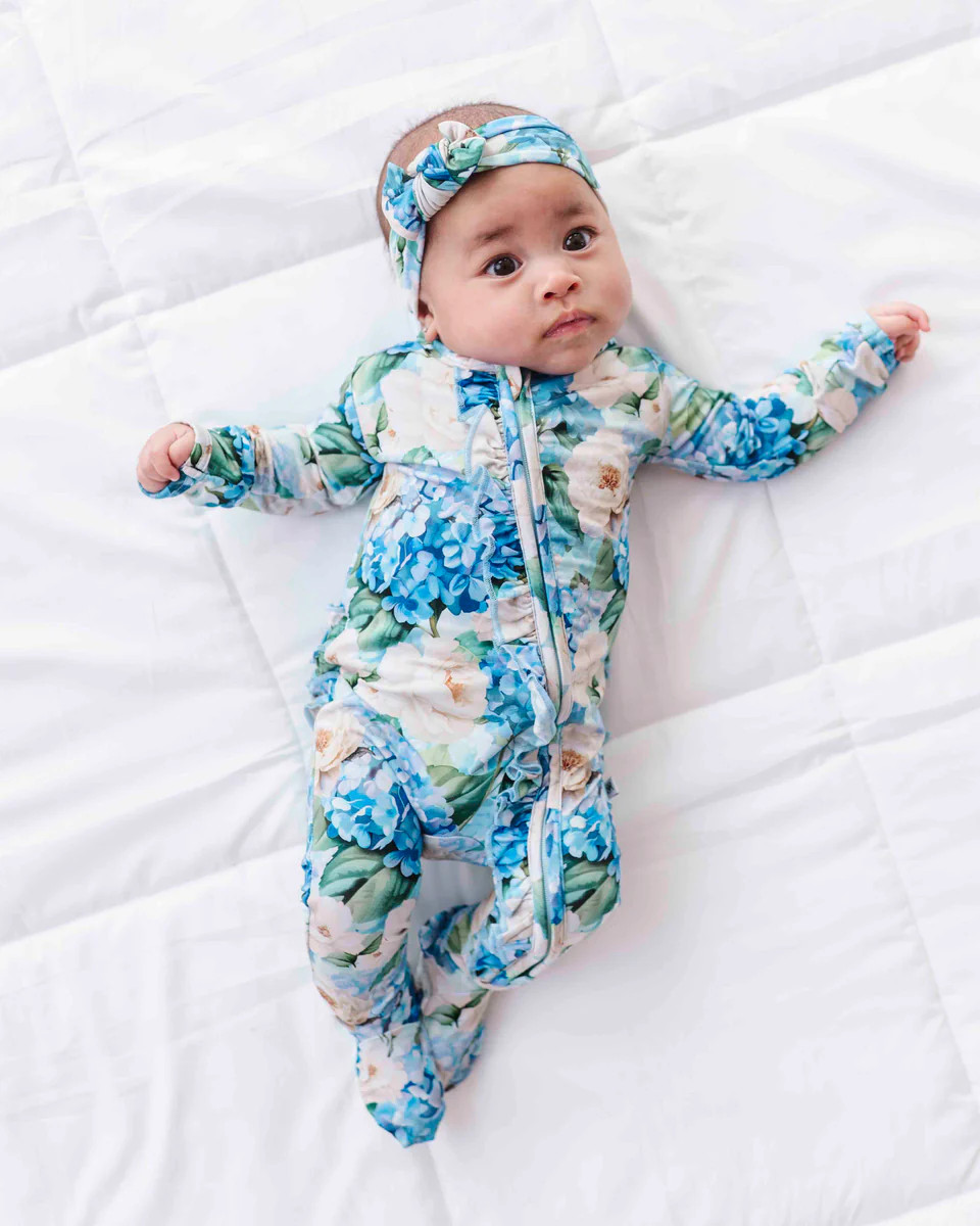 Once in a Blue Bloom Ruffle Footie | Bums & Roses