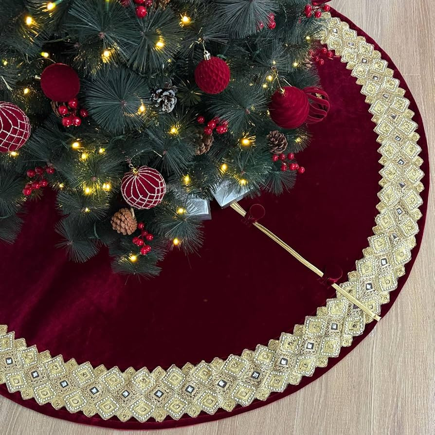60-Inch Venetian Gilded Velvet Christmas Tree Skirt with Gold Embellished Border, Foam-Padded, Bu... | Amazon (US)