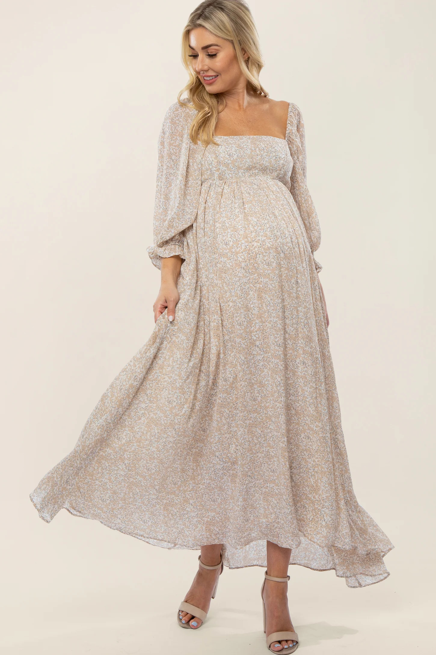Beige Chiffon Printed Square Neck Empire Maternity Maxi Dress | PinkBlush Maternity