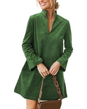 Women Corduroy Dress V Neck Long Sleeve Casual Vintage Retro A Line Mini Dresses | Amazon (US)