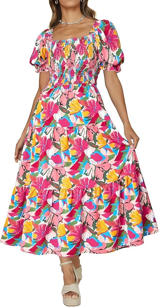 Pretty Garden Womens Summer Puff Sleeve Floral Square Neck Smocked Boho Flowy A Line Long Dresses | Amazon (US)