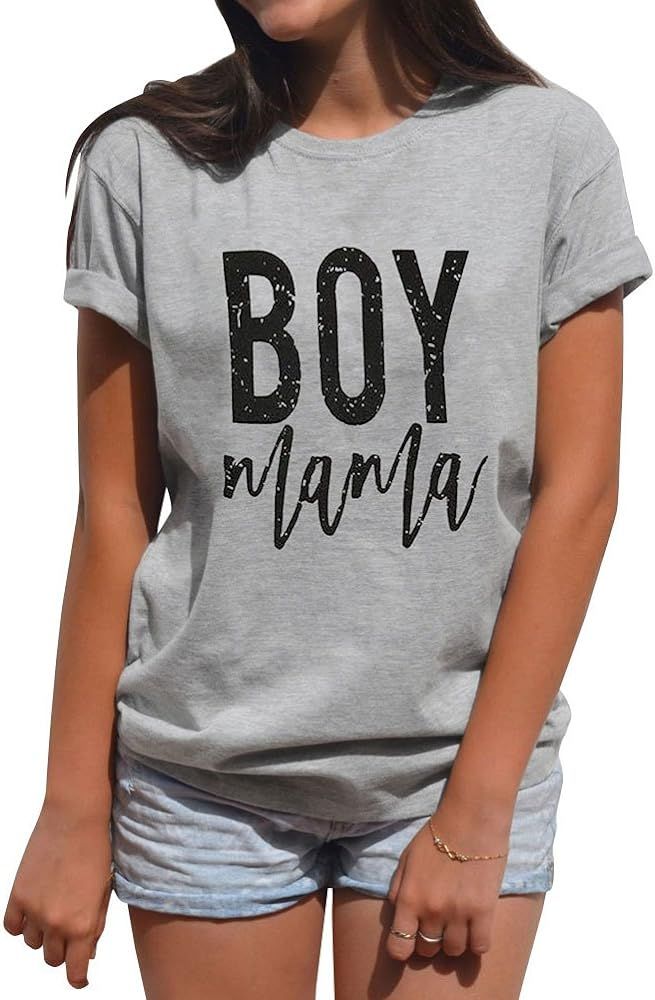 Women Summer Simple Style Short Sleeve Letter Print Boy Mama Grey Loose Plus Size T-Shirt | Amazon (US)