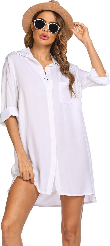 SHESHOW Women's Beach Cover Up Long Sleeve Button Down Shirt Summer Bikini Coverups Dress Loose S... | Amazon (US)