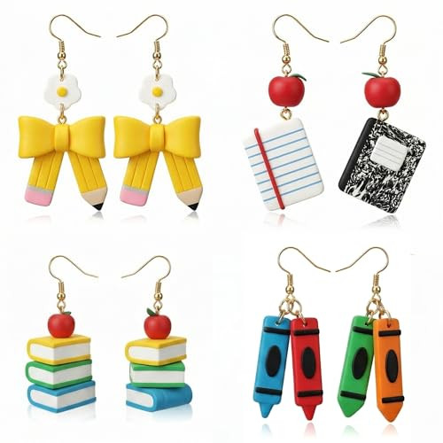 4 Pairs Teacher Earrings for Women Cute Polymer Clay Teacher Day Studs Earrings Gifts Pencil Cray... | Amazon (US)