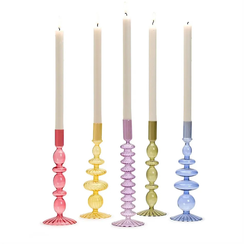 Set of 5 Hand-Blown Glass Tapered  Candleholders (Pink, Lavender, Blue, Yellow, Green) Hand-Blown... | Gracious Style