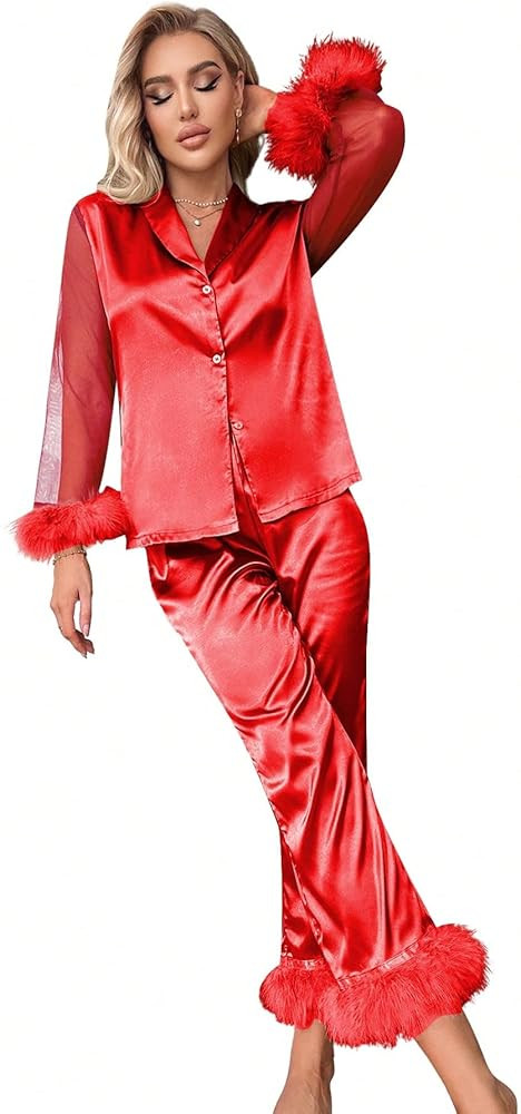 WDIRARA Women's Satin Fuzzy Trim Mesh Long Sleeve Button Down Pajamas Pants Set Sleepwear | Amazon (US)