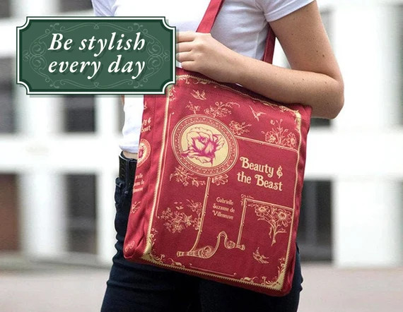 Beauty and the Beast Bag, Book Tote Bag, Canvas Tote Bag, Girl Gift, Vegan Shoulder Bag, Red Book... | Etsy (US)