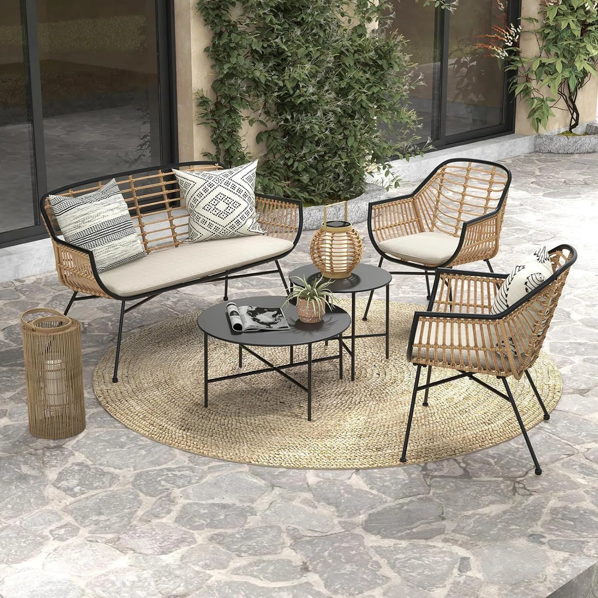 Olilawn 5-Piece Outdoor Wicker Patio Conversation Set with Cushions and Coffee Tables, Boho Wicke... | Wayfair North America