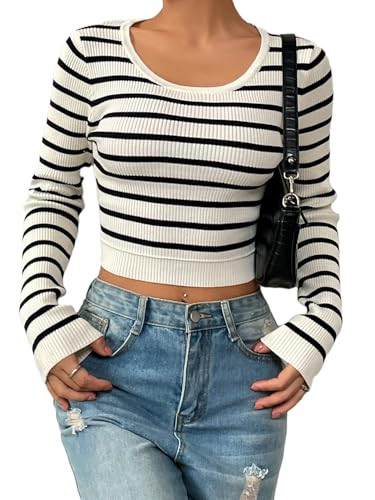 Verdusa Women's Crop Sweaters Long Sleeve Scoop Neck Striped Fitted Pullover Tops | Amazon (US)