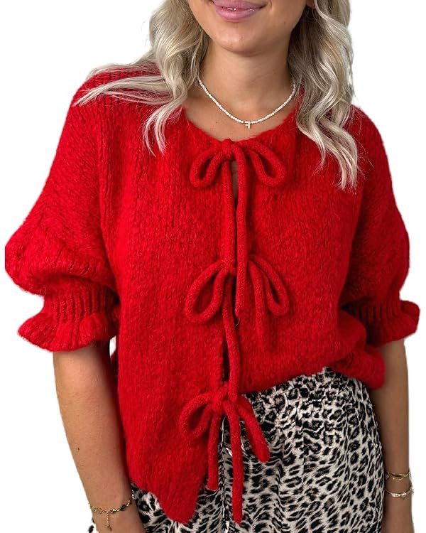 Women Trendy Bow Tie Sweater Cardigans Solid Color Puff Sleeve Loose Chunky Knited Jacket Open Fr... | Amazon (US)
