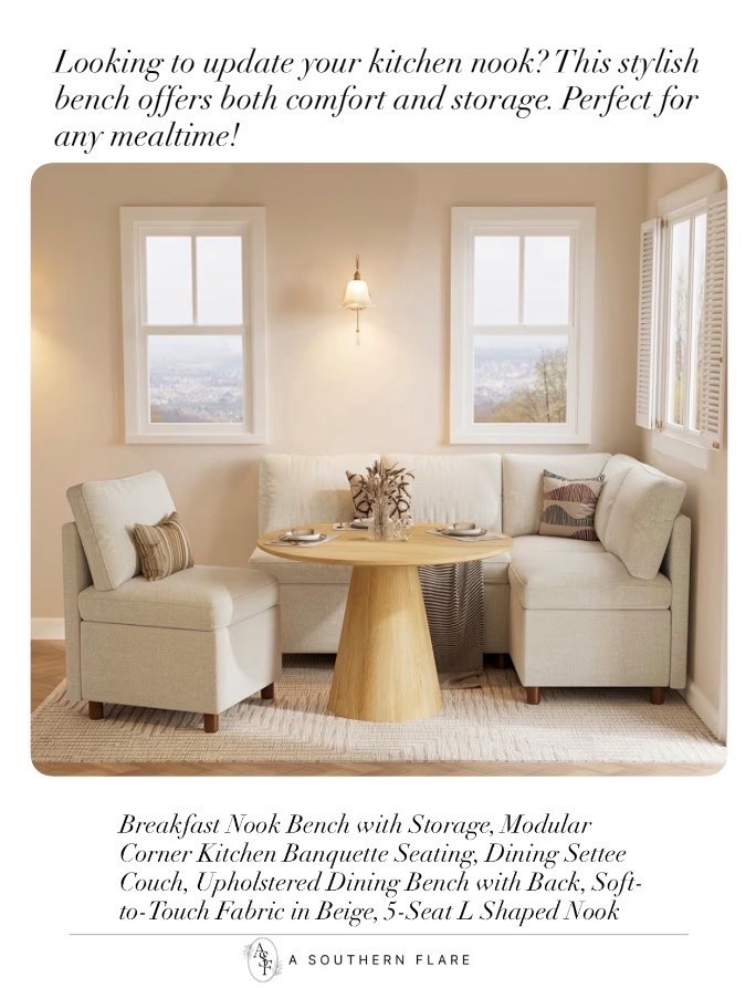 Breakfast Nook Bench with Storage, Modular Corner Kitchen Banquette Seating, Dining Settee Couch, Upholstered Dining Bench with Back, Soft-to-Touch Fabric in Beige, 5-Seat L Shaped Nook

#LTKHome