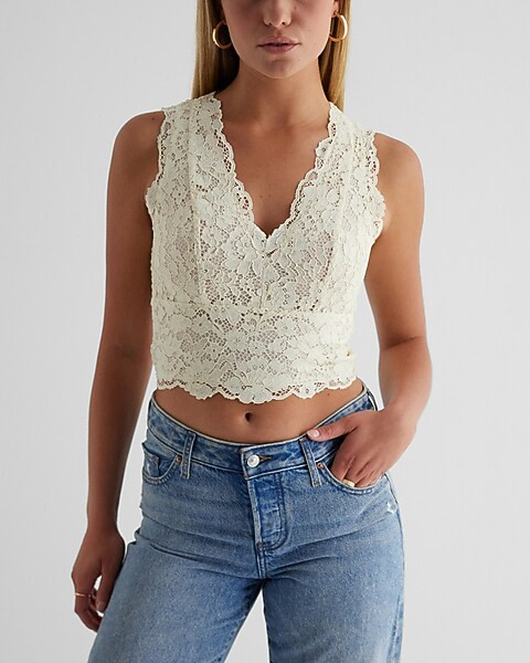 Lace V-Neck Smocked Back Tank | Express