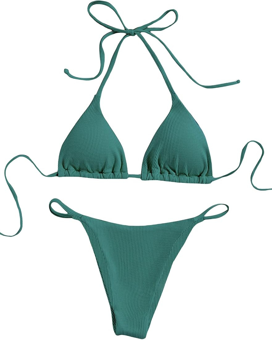 MakeMeChic Women's Halter Tie Side Triangle Bikini Set high Cut 2 Piece Bikini Swimsuit Bathing S... | Amazon (US)