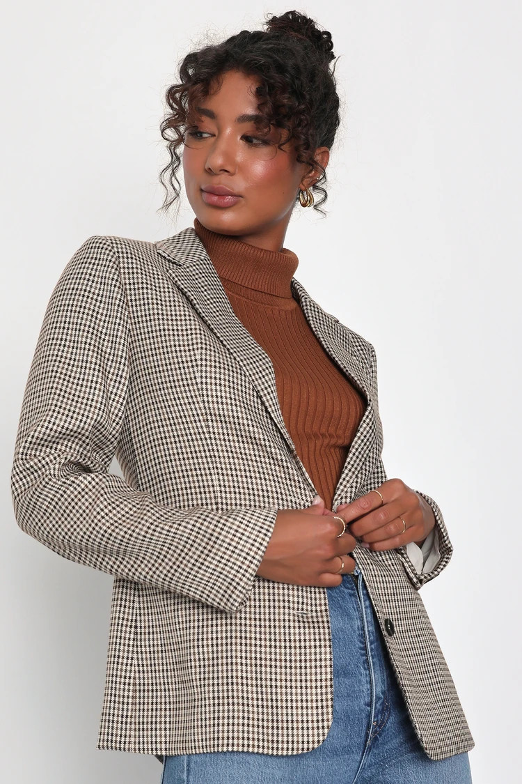 Posh Persuasion Ivory and Brown Houndstooth Plaid Blazer | Lulus