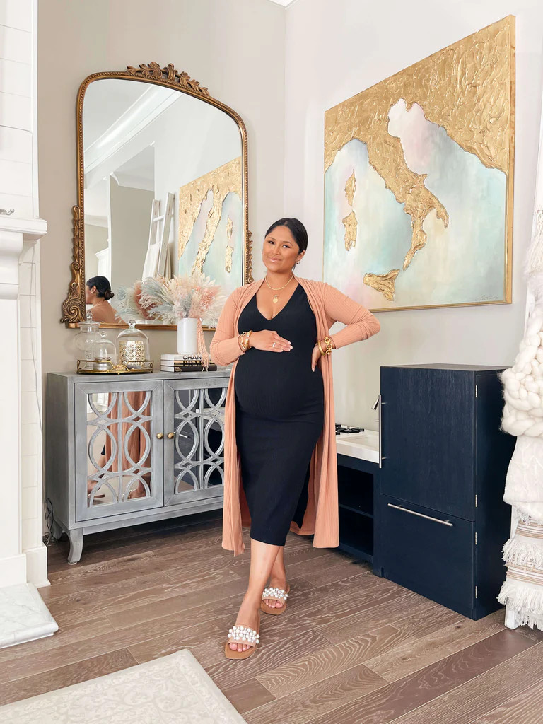 Double V Ribbed Knit Midi Dress with Side Slit | Gibson