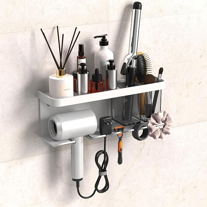 Hair Dryer Holder Wall Mounted Adhesive/Drilling, Hair Dryer Storage Organizer with Shelf & Hooks... | Amazon (US)