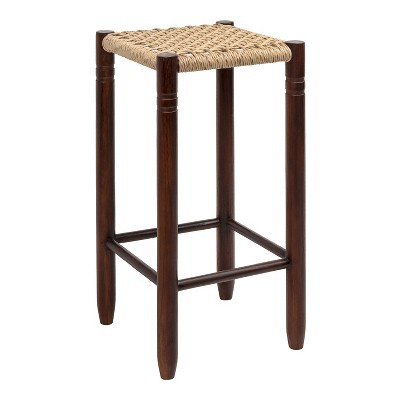 JONATHAN Y Columnar Bohemian 30" Indoor/Outdoor Teak Wood Backless Bar Stool, Woven Synthetic Rattan Seat for Patio & Kitchen, Dark & Light Brown | Target