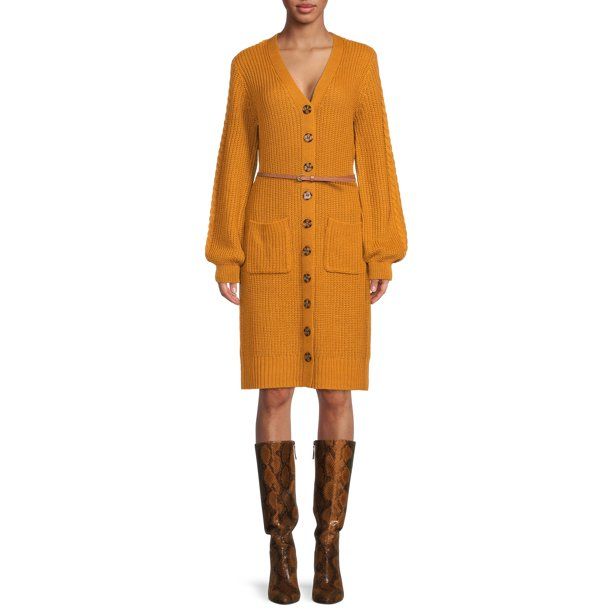 Bohemian Rose Women's Belted Sweater Dress with Pockets - Walmart.com | Walmart (US)