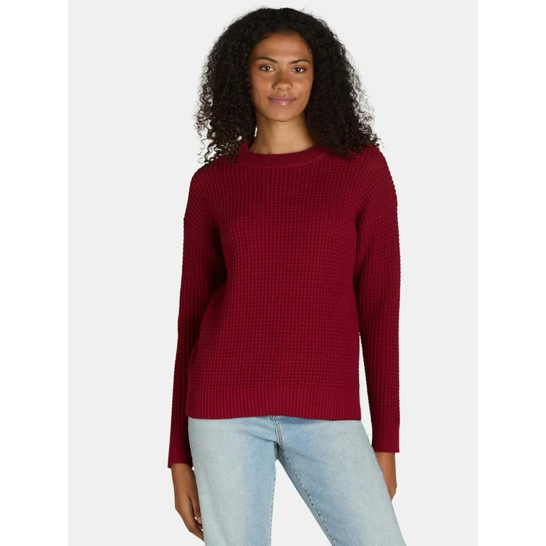 Time and Tru Women's and Women's Plus Waffle Stitch Sweater with Long Sleeves, Midweight, Sizes X... | Walmart (US)