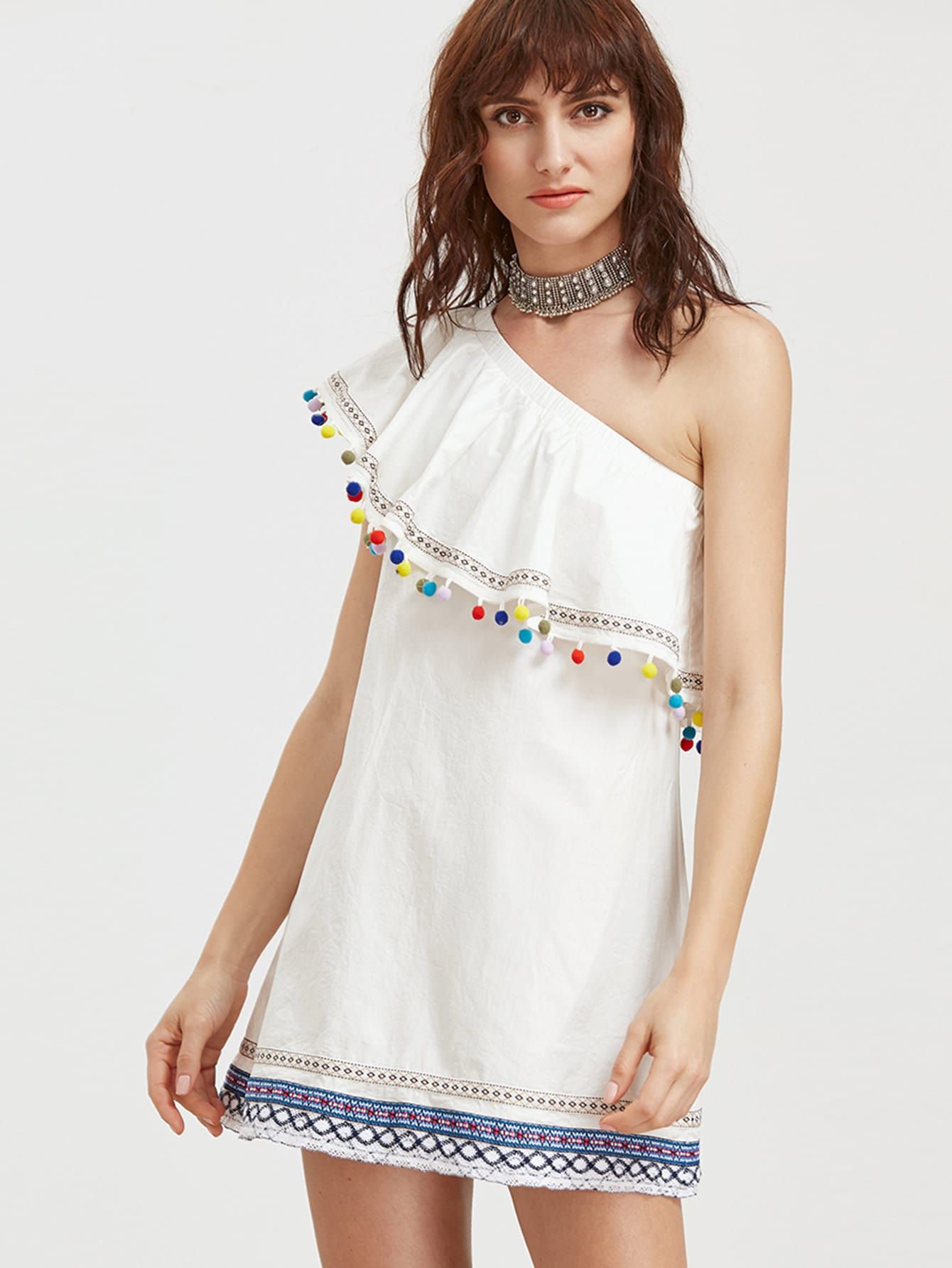 Embroidered Tape And Pom Pom Detail One Shoulder Dress | SHEIN