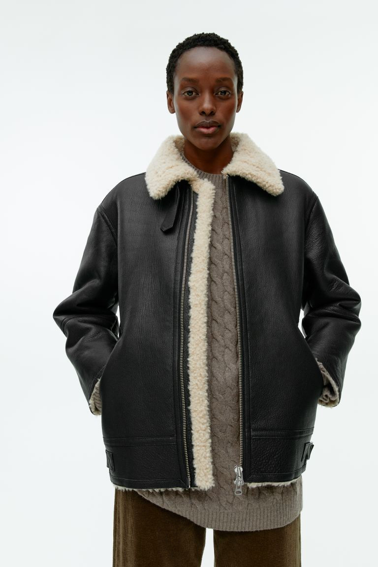 Pile-Lined Leather Jacket - Black/Beige - Ladies | H&M GB | H&M (UK, MY, IN, SG, PH, TW, HK)