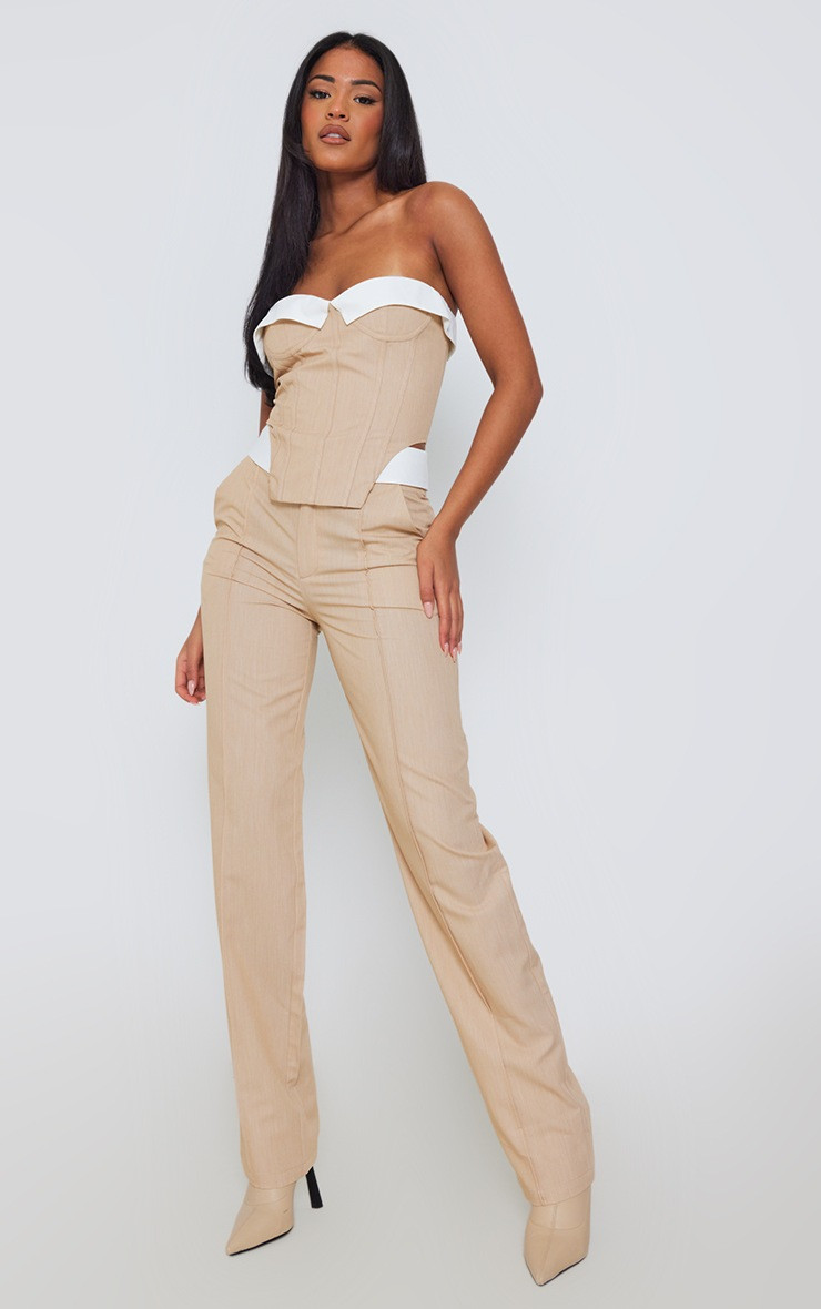Tall Stone Fold Over Front Tailored Trousers | PrettyLittleThing UK
