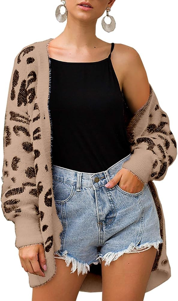 BTFBM Women Fashion Leopard Print Button Down Long Sleeve Soft Loose Knit Sweater Cardigan Coat F... | Amazon (US)