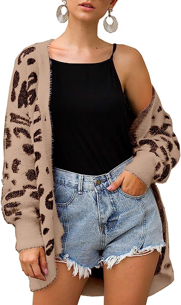 BTFBM Women Fashion Leopard Print Button Down Long Sleeve Soft Loose Knit Sweater Cardigan Coat F... | Amazon (US)