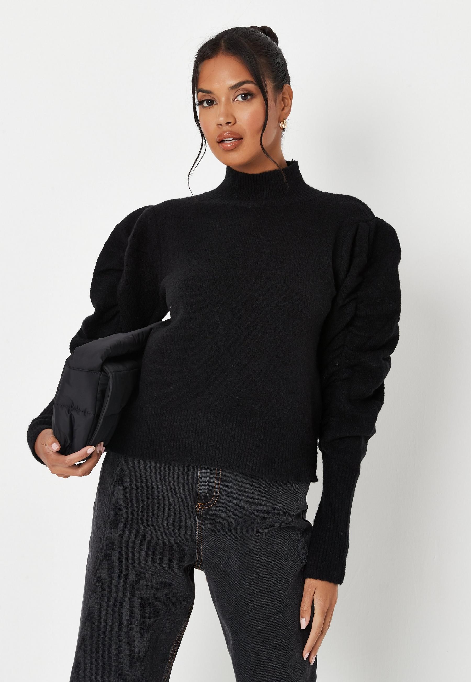 Black Ruched Sleeve Jumper | Missguided (UK & IE)